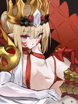1girl absurdres ahoge bikini blonde_hair braid breasts commentary_request criss-cross_halter crown dragon_claw dragon_tail elbow_gloves facial_mark fate/grand_order fate_(series) gloves hair_bun hair_intakes hair_ribbon halterneck highres looking_at_viewer lying medium_hair navel nero_claudius_(fate) on_side open_clothes pointy_ears pout queen_draco_(fate) queen_draco_(second_ascension)_(fate) red_bikini red_eyes red_ribbon ribbon robe scales single_glove small_breasts solo swimsuit tail thighs white_gloves white_robe yugusan5