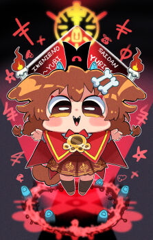 1girl black_socks blush bone_hair_ornament brown_eyes brown_hair candle cape chibi cult_of_the_lamb dog_girl hair_ornament highres hololive inugami_korone inugami_korone_(street) kamiya_zuzu open_mouth paw_print pleated_skirt red_crown_(cult_of_the_lamb) skirt socks solo summoning tail virtual_youtuber