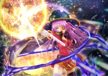Rule 34 | 1girl, aikawa megumi, asukamama89, blue eyes, commentary request, cosplay, explosion, eyepatch, hat, heaven burns red, highres, holding, holding staff, kono subarashii sekai ni shukufuku wo!, mage staff, megumin, megumin (cosplay), narby (heaven burns red), red shirt, shirt, slime (creature), staff, witch hat