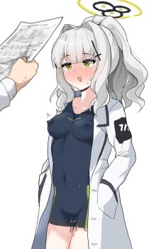 1girl 1other :d absurdres alternate_breast_size_(larger) black_halo blue_archive blunt_bangs blush bodypaint breasts coat collarbone cowboy_shot cross_hair_ornament exhibitionism full-face_blush green_eyes grey_hair hair_intakes hair_ornament halo hands_in_pockets hare_(blue_archive) highres holding holding_paper lab_coat long_hair long_sleeves looking_at_another medium_breasts motion_lines mureniii navel nipples open_mouth painted_clothes paper ponytail public_indecency pussy pussy_juice shirt sidelocks simple_background smile stomach sweat white_background white_coat white_shirt yellow_halo