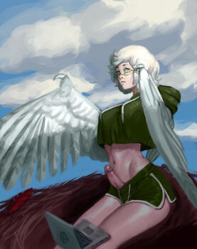 1futa aqua_eyes breasts bulge claws cloud computer feathered_wings feathers futanari glasses harpy highres hood hoodie laptop midriff monster_girl navel nest original penis rhydwyn sitting sky solo white_feathers white_hair winged_arms wings