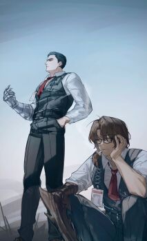 Rule 34 | 2boys, absurdres, arthropod limbs, beard stubble, belt, black-framed eyewear, black belt, black hair, black pants, black vest, brown hair, cigarette, clawed gauntlets, collared shirt, facial hair, gauntlets, glasses, gregor (project moon), hair over shoulder, hand in pocket, head rest, highres, id card, kkolo432271, limbus company, low ponytail, male focus, meursault (project moon), multiple boys, necktie, pants, ponytail, project moon, red necktie, shirt, short hair, short ponytail, single gauntlet, smoke, smoking, squatting, standing, stubble, vest, white shirt