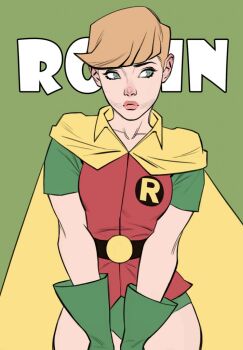 Rule 34 | 1girl, artist request, bare legs, batman (series), cape, carrie kelley, dc comics, gloves, green background, green eyes, green gloves, green shorts, leotard, orange hair, pixie cut, puffy lips, robin (dc), shorts, source request, tagme, the dark knight returns, yellow cape