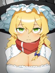 Rule 34 | 1girl, :i, black hat, blonde hair, blush, bow, braid, breasts, cleavage, closed mouth, commentary request, cookie (touhou), frills, green eyes, grey background, hair between eyes, hair bow, hat, hat bow, highres, kirisame marisa, large breasts, long hair, looking at viewer, mars (cookie), pura (aiueo256375), red scarf, scarf, shirt, side braid, simple background, single braid, solo, touhou, upper body, white bow, white shirt, witch hat