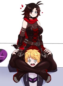 1girl blonde_hair brown_hair head_between_thighs kinathefox oc_x_canon original ruby_rose rwby scissorhold