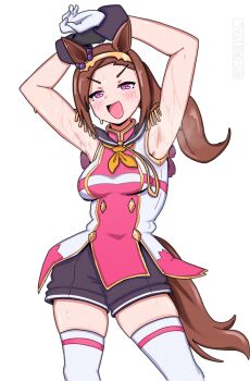 Rule 34 | 1girl, 5-orbital, animal ears, asymmetrical gloves, blush, breasts, brown hair, ear ornament, epaulettes, flower in eye, gloves, gold hairband, hairband, hashtag-only commentary, highres, horse ears, horse girl, horse tail, horseshoe ornament, long hair, looking at viewer, mismatched gloves, open mouth, ponytail, purple eyes, sakura bakushin o (blossom in learning) (umamusume), sakura bakushin o (umamusume), shirt, smile, solo, symbol in eye, tail, umamusume