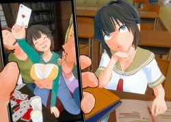 Rule 34 | 1girl, 3d, 4boys, ace (playing card), ace of hearts, animated, bra, breasts, card, cellphone, clothes lift, dark-skinned male, dark skin, deliriumbear, desk, drunk, fake phone screenshot, fake screenshot, heart, koikatsu (medium), large breasts, multiple boys, netorare, phone, photo (object), photo comparison, playing card, playing games, school desk, school uniform, shirt lift, smartphone, ugoira, underwear, video