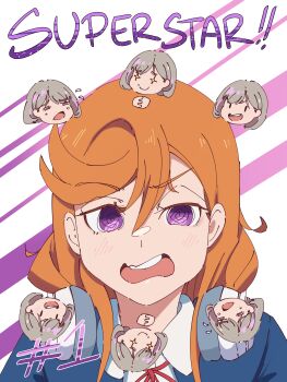 +_+ 2girls =_= absurdres blue_jacket chibi chibi_inset collared_shirt commentary_request dress_shirt episode_number flipped_bangs grey_hair hair_between_eyes highres interlocked_fingers jacket long_hair long_sleeves love_live! love_live!_superstar!! multiple_girls neck_ribbon open_clothes open_jacket open_mouth orange_hair own_hands_together peanut_mouth piririi purple_background purple_eyes red_ribbon ribbon school_uniform shibuya_kanon shirt short_hair tang_keke teeth upper_teeth_only v-shaped_eyebrows white_shirt yuigaoka_school_uniform