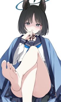 1girl absurdres animal_ear_fluff animal_ears barefoot black_choker black_eyes black_hair black_nails black_sailor_collar black_skirt blue_archive blue_halo blue_haori blue_neckerchief blue_serafuku blunt_ends blush bob_cut bright_pupils cat_ears cat_girl cat_tail chinese_commentary choker collarbone commentary_request convenient_leg crossed_legs feet fingernails foot_focus foot_out_of_frame halo hand_to_own_mouth hand_up haori haori_on_shoulders highres japanese_clothes jyt kikyou_(blue_archive) long_sleeves looking_at_viewer multiple_tails nail_polish neckerchief painttool_sai_(medium) parted_bangs parted_lips pleated_skirt ribbon_choker sailor_collar school_uniform serafuku shaded_face shirt short_hair simple_background sitting skirt soles solo tail toenail_polish toenails toes two_tails white_background white_pupils white_shirt