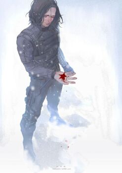 1boy blood blood_drip blood_on_hands brown_hair bucky_barnes captain_america:_the_winter_soldier captain_america_(series) closed_eyes facial_hair huangdanlan male_focus marvel mechanical_arms prosthesis prosthetic_arm single_mechanical_arm snow solo star_(symbol) stubble winter winter_soldier