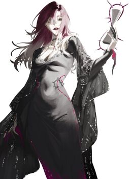 Rule 34 | 1girl, black choker, black dress, breasts, choker, cleavage, covered navel, cowboy shot, dress, fake claws, hand up, heterochromia, highres, holding hourglass, hourglass, long dress, long hair, looking at viewer, looking down, nate71762013, parted lips, path to nowhere, solo, standing