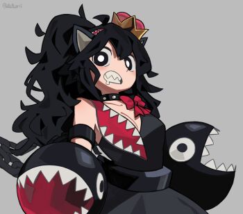 1girl animal_ears armlet black_choker black_dress black_eyes black_hair bow breasts bright_pupils chain chain_chomp choker cleavage clenched_teeth crown dress drooling extra_mouth high_ponytail highres jewelry long_hair looking_at_viewer mario_(series) messy_hair mini_crown mouth_drool mr_plagu3 multiple_heads new_super_mario_bros._u_deluxe nintendo no_hands open_mouth ponytail princess_chain_chomp red_bow sharp_teeth sleeveless sleeveless_dress solo teeth upper_body white_pupils