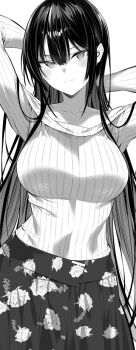 1girl arms_behind_head black_hair breasts collarbone floral_print hair_between_eyes haite_kudasai_takamine-san hiiragi_yuuichi large_breasts long_hair monochrome ribbed_shirt rose_print shirt skirt solo takamine_takane