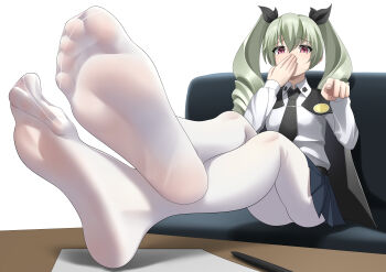 1girl absurdres anchovy_(girls_und_panzer) arendelle couch covering_own_mouth feet feet_on_table girls_und_panzer green_hair hand_over_own_mouth highres long_hair looking_at_viewer pantyhose paper pen pink_eyes pointing soles toes twintails white_pantyhose