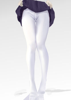 1girl absurdres clothes_lift he_yue highres lifting_own_clothes pantyhose pleated_skirt simple_background skirt skirt_lift solo standing white_background white_pantyhose