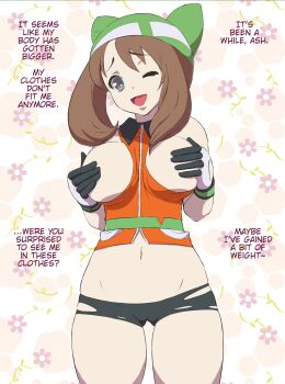 00s 1girl alternate_costume bandana between_breasts blush breast_hold breasts brown_hair cameltoe covering_breasts covering_privates gloves grey_eyes highres large_breasts looking_at_viewer makoto_daikichi may_(pokemon) may_(pokemon_emerald) midriff nintendo one_eye_closed open_mouth pokemon pokemon_(anime) pokemon_dppt_(anime) short_hair smile solo thigh_gap tight_clothes translated wink