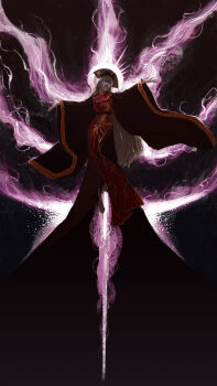 Rule 34 | 1girl, absurdres, aura, barefoot, blonde hair, bright pupils, brown dress, commentary request, dress, embroidered dress, embroidery, fire, flying, full body, highres, junko (touhou), long hair, long sleeves, looking at viewer, open mouth, outstretched arms, phoenix crown, purple fire, red tabard, sendai (nazonomono), smile, solo, tabard, touhou, very long hair, white pupils, wide sleeves