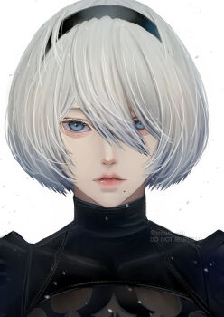 Rule 34 | 1girl, 2b (nier:automata), arm up, black dress, black gloves, blindfold, breasts, cleavage cutout, clothing cutout, commentary, covered eyes, cowboy shot, dress, facing viewer, feather-trimmed sleeves, gloves, gluteal fold, grey hair, groin, highres, juliet sleeves, leotard, leotard under clothes, long sleeves, medium breasts, mitsuki nite, mole, mole under mouth, nier:automata, nier (series), parted lips, puffy sleeves, short hair, side slit, simple background, solo, standing, sword, twitter username, virtuous treaty, weapon, white background, white leotard