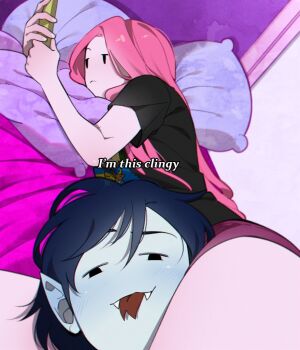 2girls adventure_time bed black_hair cellphone colored_skin couple demon_girl forked_tongue grey_skin head_between_thighs i&#039;m_this_clingy_(meme) lying marceline_abadeer meme multiple_girls omy-chan on_bed on_side phone pillow pink_skin plant_hair pointy_ears princess_bonnibel_bubblegum raised_eyebrow selfie smartphone smug tongue tongue_out vampire yuri
