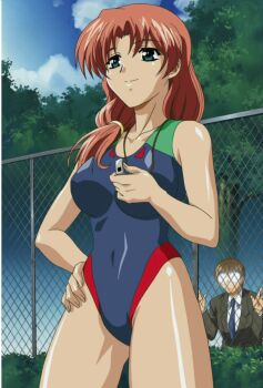 Rule 34 | 00s, 1boy, 1girl, against fence, anime screenshot, aqua eyes, blue one-piece swimsuit, breasts, brown hair, bush, chain-link fence, cloud, competition swimsuit, covered navel, cowboy shot, day, fence, formal clothes, glasses, green eyes, hair over shoulder, hand on own hip, highleg, highleg one-piece swimsuit, highres, hip focus, holding, jewelry, kijima mayumi, large breasts, light smile, long hair, looking afar, mejoku, mejoku~fukushuu gakuen~, necklace, necktie, one-piece swimsuit, opaque glasses, orange hair, outdoors, parted bangs, peeking, plant, ponytail, red hair, saruwatari joutarou, scrunchie, shiny skin, short hair, sky, smile, solo focus, standing, suit, swimsuit, teacher, tree, watching, whistle