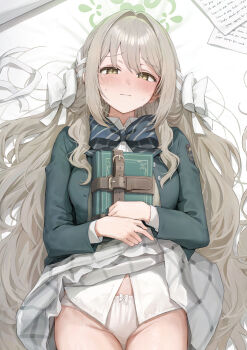 1girl akita_hika blue_archive blush book bow bowtie breasts collared_shirt dakimakura_(medium) green_jacket grey_hair grey_skirt hair_bow halo highres jacket long_hair long_sleeves looking_at_viewer medium_breasts miyo_(blue_archive) panties shirt skirt solo underwear white_panties white_shirt yellow_eyes