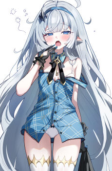 1girl absurdres ahoge arm_behind_back black_bow black_gloves blue_eyes blue_hairband bow bow_panties fang female_tyrant_(stella_sora) gloves grey_hair hairband hand_up highres long_hair open_mouth panties pointy_ears sak_(lemondisk) simple_background sleepy solo squeans standing stella_sora tearing_up thighhighs tyrant_(stella_sora) underwear very_long_hair white_background white_panties white_thighhighs yawning