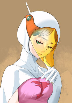 1girl animal_helmet artist_request belt bodysuit breasts cape cowboy_shot elbow_gloves eyelashes gatchaman gloves green_hair grey_eyes highres jun_the_swan lips looking_at_viewer naughty_face parted_lips pink_shirt shirt simple_background smile solo superhero_costume thighhighs white_belt white_cape white_gloves