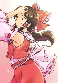 1girl bare_shoulders bow brown_hair collar commentary detached_sleeves frilled_bow frilled_collar frilled_hair_tubes frills from_side hair_bow hair_tubes hakurei_reimu hand_on_own_head long_hair looking_at_viewer nontraditional_miko rangycrow red_shirt red_skirt ribbon-trimmed_sleeves ribbon_trim shirt skirt sleeveless sleeveless_shirt solo touhou |_|