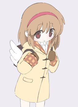 Rule 34 | 1girl, absurdres, backpack, bag, brown eyes, brown hair, coat, cowboy shot, duffel coat, expressionless, grey background, hairband, highres, kanon, long hair, long sleeves, mittens, sabudominanto, solo, sweater, tsukimiya ayu, turtleneck, turtleneck sweater, winged bag