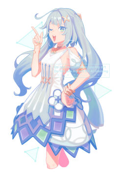 1girl 39_iduki bangle blue_hair blue_nails bracelet clothing_cutout commentary_request cropped_legs dress faruzan_(genshin_impact) genshin_impact green_eyes hair_ornament hand_on_own_hip highres index_finger_raised jewelry long_hair looking_at_viewer nail_polish one_eye_closed open_mouth shoulder_cutout simple_background solo symbol-shaped_pupils triangle-shaped_pupils twintails watermark white_background white_dress x_hair_ornament