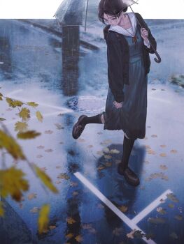 1girl absurdres autumn_leaves backpack bag black_bag black_hair black_jacket black_socks blue_shirt blue_skirt brown_shoes closed_mouth hair_bun highres holding holding_umbrella jacket leaf long_hair long_sleeves mole mole_under_eye original outdoors rain red_eyes sailor_collar shirt shoes skirt socks solo standing standing_on_one_leg sunny_bitch umbrella white_sailor_collar