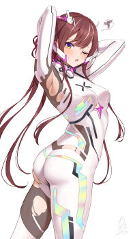 1girl absurdres armpit_cutout armpits arms_behind_head arms_up ass blush bodysuit breasts clothing_cutout floating_headgear from_behind hands_in_own_hair headgear highres idolmaster idolmaster_shiny_colors idolmaster_shiny_colors_song_for_prism long_hair looking_at_viewer low_twintails medium_breasts official_alternate_costume official_alternate_hairstyle one_eye_closed open_mouth osaki_amana red_hair science_fiction solo standing stretching sweat swept_bangs torn_bodysuit torn_clothes twintails wanitaroo._(waniwani_panic) white_bodysuit yellow_eyes