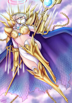 Rule 34 | 1girl, arm cutout, armor, armored boots, blonde hair, blue cape, blue eyes, bodysuit, boobplate, boots, braid, braided bun, breastplate, breasts, cape, chain, cleavage, clothing cutout, commentary, crown, digimon, digimon (creature), double bun, double halo, english commentary, floating, full body, garde-art, gauntlets, gold armor, gold chain, gold crown, hair bun, halo, hand up, highres, holding, holding staff, junomon, looking at viewer, mask, medium breasts, midriff, mouth mask, multiple halos, navel, ninja mask, parted bangs, shoulder armor, sidelocks, signature, solo, staff, torn cape, torn clothes, white bodysuit, white mask