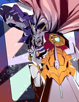 absurdres altea arm_blade arm_cannon blue_eyes cape commentary_request cool_boy_(digimon) digimon digimon_(creature) digimon_card_game digimon_liberator energy_gun fukunari_kanchi highres horns kazuki_suzune mecha omegamon omegamon_x-antibody robot ryutaro_williams signature sword textless_version weapon white_cape winr yuuki_(digimon)