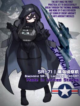 1girl aircraft airplane armor black_bodysuit black_cape black_gloves black_hair black_shoes bodysuit cape chinese_text commentary covered_navel english_commentary english_text gloves hair_between_eyes highres hood hood_up long_hair long_sidelocks mecha_musume military_vehicle original pckcool personification shoes sidelocks solo sr-71_blackbird united_states_air_force