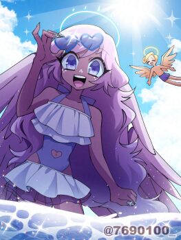 1boy 1girl :d adjusting_eyewear angel angel_wings arm_at_side arm_up backlighting bare_arms bare_shoulders bikini blonde_hair blue-framed_eyewear blue-tinted_eyewear blue_bikini blue_halo blue_nails blue_one-piece_swimsuit blue_sclera blue_sky blue_swim_trunks blue_wings chromatic_aberration closed_eyes clothing_cutout cloud collarbone colored_sclera commentary_request contrapposto cowboy_shot cumulonimbus_cloud dark-skinned_female dark_skin day dutch_angle emily_(hazbin_hotel) eyewear_on_head fewer_digits freckles frilled_bikini frills from_below hair_between_eyes halo hazbin_hotel heart heart-shaped_eyewear heart_cutout hellaverse highres light_particles long_hair menattou nail_polish navel navel_cutout one-piece_swimsuit open_mouth purple_eyes purple_hair purple_wings raised_eyebrows raised_inner_eyebrows short_hair sky smile solo_focus sparkle st._peter_(hazbin_hotel) standing strapless strapless_bikini sunglasses sunlight swept_bangs swimsuit tareme teeth tinted_eyewear tongue topless_male twitter_username two-tone_wings upper_teeth_only very_long_hair very_short_hair water wings yellow_halo yellow_wings