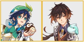 2boys :d animal animal_on_shoulder aqua_eyes aqua_hair beret bird bird_on_shoulder black_bow black_bowtie black_hair blush bow bowtie braid brown_coat brown_eyes brown_hair brown_shirt brown_vest cape capelet closed_mouth coat collared_shirt commentary earrings english_commentary floating_hair flower frilled_sleeves frills gem genshin_impact green_cape green_capelet green_hat grey_background hair_between_eyes hair_flower hair_ornament hands_up hat holding holding_animal jewelry lapels long_hair long_sleeves looking_at_viewer low_ponytail male_focus medium_hair multiple_boys necktie open_mouth orange_gem owl ponytail shirt side_braids simple_background single_earring smile soulc1ty tassel tassel_earrings teeth twin_braids unfinished upper_body upper_teeth_only venti_(genshin_impact) vest white_flower white_necktie white_shirt wing_collar xiao_(bird)_(genshin_impact) xiao_(genshin_impact) zhongli_(genshin_impact)