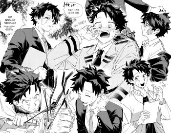 Rule 34 | 2boys, bakugou katsuki, black whip (boku no hero academia), blush, boku no hero academia, bullying, clipboard, collared shirt, commentary request, crying, dmdtmt99, gakuran, gauze, gauze on cheek, greyscale, hand in another's hair, hand on own neck, highres, holding, holding clipboard, holding whistle, jacket, korean commentary, korean text, male focus, midoriya izuku, monochrome, multiple boys, multiple scars, multiple views, necktie, open mouth, scar, scar on face, scar on hand, school uniform, shirt, short hair, speech bubble, superhero costume, tears, u.a. school uniform, whistle, whistle around neck, wide-eyed