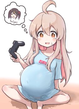 1860_(ichi) 1girl ahoge big_belly controller game_controller genderswap genderswap_(mtf) highres holding holding_controller holding_game_controller loli long_hair onii-chan_wa_oshimai! open_mouth orange_eyes oyama_mahiro oyama_mihari pink_hair pregnant pregnant_loli shirt sitting solo speech_bubble sweat t-shirt tears thought_bubble