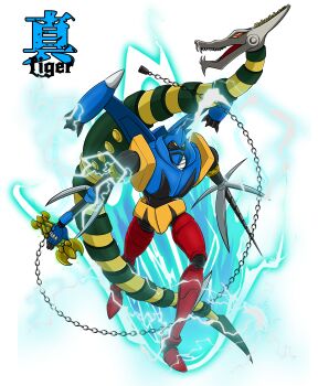 absurdres arm_blade armor aura ayachu_(getter_robo_artist) black_armor blue_armor drill drill_hand getter_liger getter_robo getter_robo_g green_armor highres holding holding_weapon jetpack joints kusari-fundo leg_blade lightning mecha multicolored_armor non-humanoid_robot red_armor red_eyes robot robot_dragon robot_joints rocket_engine sharp_teeth super_robot teeth uzaara weapon yellow_armor yellow_eyes