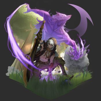 1boy absurdres arm_support bandaid bandaid_on_face bandaid_on_nose black_background bone_necklace coat commentary facial_scar genshin_impact gloves grass green_pants grey_hair highres holding holding_sword holding_weapon hood hood_up looking_at_viewer lurtt navel on_one_knee orange_gloves outdoors pants planted planted_sword planted_weapon razor_(genshin_impact) rock scar scar_on_arm scar_on_cheek scar_on_face sleeveless sleeveless_coat squatting sword weapon wolf wolf_boy wolfhook_(genshin_impact)