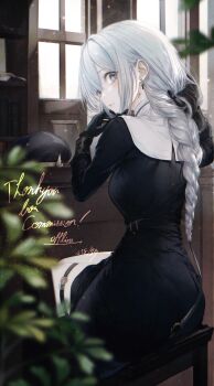 1girl absurdres beret black_gloves black_hat blurry braid braided_ponytail chair commission cross cross_earrings earrings from_behind gloves grey_eyes grey_hair hat highres jewelry looking_at_viewer looking_back nagisa_(virtuareal) nun on_chair renoahh sitting solo thigh_strap unworn_headwear virtual_youtuber