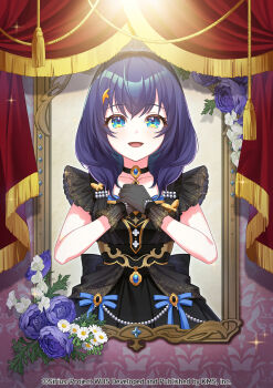 1girl :d black_dress black_gloves blue_eyes blue_flower blue_hair blue_rose choker curtains dress flower gloves hair_ornament highres indoors looking_at_viewer official_art open_mouth rose shizuka_(world_dai_star) smile solo themis_(themis_adgjm) watermark window world_dai_star