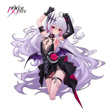 Rule 34 | 1girl, absurdres, arms up, asymmetrical gloves, black dress, black gloves, breasts, clothing cutout, commentary request, copyright name, cowboy shot, cowlick, crescent, criss-cross halter, cross, cross necklace, demon girl, diamond-shaped brooch, diamond (shape), diamond cutout, dress, dress flower, elbow gloves, flower, gloves, halterneck, highres, jewelry, latin cross, lilith (crimson moonlight) (poker fate), long hair, looking at viewer, multicolored hair, necklace, o-ring, o-ring thigh strap, official alternate costume, official artist extra, poker fate, red eyes, red flower, red hair, red rose, red streaks, rose, shebaotower, side ponytail, simple background, single elbow glove, small breasts, solo, sparkle, streaked hair, thigh strap, two-tone dress, uneven gloves, very long hair, white background, white hair, wings