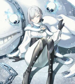 1girl absurdres akershus_fortress_(oshiro_project) badge black_boots black_corset black_gloves blue_cape blue_eyes bodysuit boots braid breasts cape center_frills chain commentary_request commission corset floating_skull frilled_shirt frills fur-trimmed_cape fur_trim gloves grey_hair hair_ornament hama_chon highres long_sleeves looking_at_viewer medium_breasts monster oshiro_project:re second-party_source shirt sitting skeb_commission solo swept_bangs thigh_boots thighs white_bodysuit white_shirt