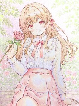 1girl arm_at_side arm_support bib_collar blonde_hair brown_eyes closed_mouth collared_shirt commentary_request cowboy_shot day fingernails flower frilled_shirt_collar frills hand_up highres holding holding_flower long_hair long_sleeves looking_at_viewer mochimochi_829 neck_ribbon original outdoors painting_(medium) parted_bangs pink_ribbon pink_skirt red_flower red_rose ribbon rose school_uniform shirt skirt sleeve_cuffs smile solo standing traditional_media twitter_username watercolor_(medium) white_shirt wing_collar