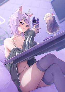 1girl :3 ahoge akai_ame animal_ear_fluff animal_ears bra breasts cat_ears cat_girl cat_tail cleavage closed_mouth commentary_request cup grey_bra grey_jacket grey_shorts highres holding holding_phone hololive indoors jacket large_breasts looking_at_phone messy_hair navel nekomata_okayu over-kneehighs phone purple_eyes purple_hair purple_thighhighs short_hair short_shorts shorts single_off_shoulder sitting smile solo tail thighhighs underwear virtual_youtuber