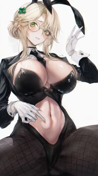 1girl absurdres ade_(agent_bunny)_(nikke) ade_(nikke) animal_ear_hairband animal_ears between_breasts black_leotard black_necktie black_shrug blonde_hair blush braid breasts bun_with_braided_base cleavage clothing_cutout clover_hair_ornament commentary_request fake_animal_ears fishnet_pantyhose fishnets four-leaf_clover_hair_ornament glasses gloves goddess_of_victory:_nikke green_eyes hair_between_eyes hair_bun hair_ornament hairband highres large_breasts leotard long_hair looking_at_viewer navel navel_cutout necktie necktie_between_breasts official_alternate_costume pantyhose parted_lips playboy_bunny rabbit_ear_hairband rabbit_ears renoahh shrug_(clothing) sidelocks simple_background single_hair_bun solo squatting stomach swept_bangs variant_set white_background white_gloves