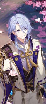 Rule 34 | 1boy, absurdres, armor, black gloves, blue eyes, blue hair, cancancancan, cherry blossoms, chinese commentary, closed mouth, commentary request, flower, genshin impact, gloves, gold trim, hair between eyes, highres, holding, jacket, japanese armor, japanese clothes, kamisato ayato, looking at viewer, male focus, mole, mole under mouth, pink flower, smile, tassel, vision (genshin impact), white jacket