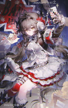 Rule 34 | 1girl, absurdres, artist name, belt, black gloves, braid, brown belt, brown hair, brown hairband, chain, closed mouth, commission, dated, dress, expressionless, eyelashes, fingernails, frilled dress, frills, gloves, hair between eyes, hair intakes, hair ornament, hairband, highres, holding, holding phone, layered dress, long hair, looking at viewer, mihuashi commission, nail polish, original, phone, pink nails, polka dot, sidelocks, solo, too many watermarks, watermark, xingchunxiang, yellow eyes